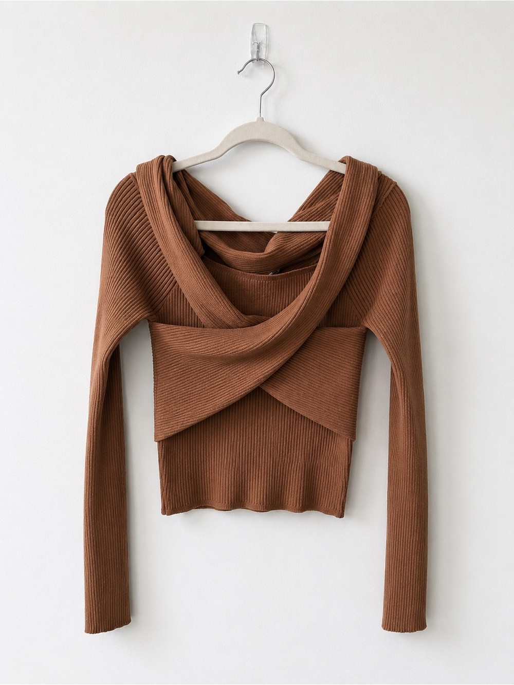 ASTR Brown Ribbed Cross-Front Women's Sweater